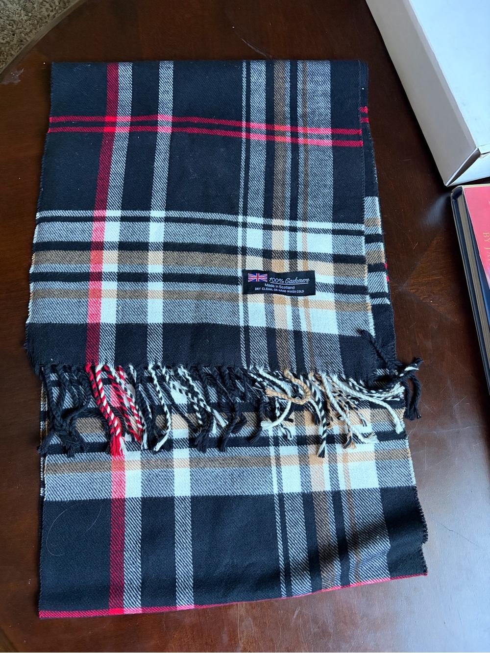 100% Cashmere Plaid Scarf - Black, Tan & Red 66” - Picture 3 of 4